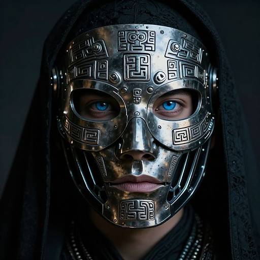Photograph of a person with blue eyes wearing a reflective, metallic mask featuring intricate geometric patterns, and a dark hooded garment.