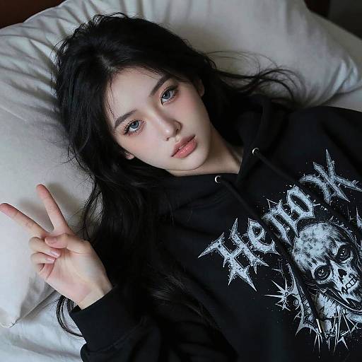 Photograph of a pale-skinned, black-haired woman with blue eyes, lying on a white pillow, wearing a black 