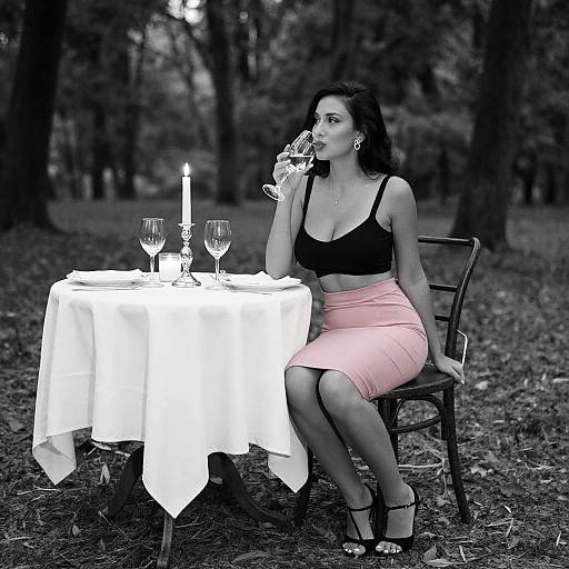 Photograph of a dark-haired woman in a black crop top and pink skirt, sipping water, seated at a white-lit outdoor table with candles