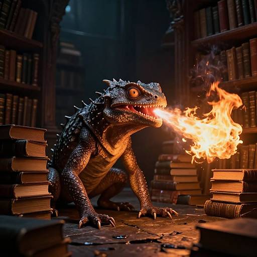 Photorealistic CGI of a fiery-breathing black dragon with sharp spikes, surrounded by stacked books in a dimly lit, medieval library.