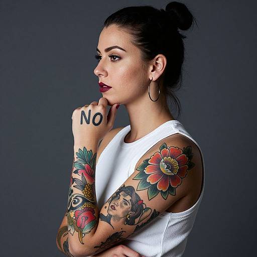 Photograph of a tattooed woman with dark hair in a bun, wearing a white tank top, 