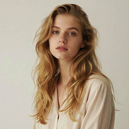 Photograph of a young woman with wavy blonde hair, blue eyes, and fair skin, wearing a light beige shirt, against a plain white background