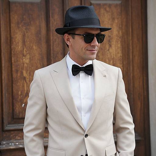 Photograph of a stylish man in a cream suit, black bow tie, black fedora, and sunglasses, standing in front of a wooden door.
