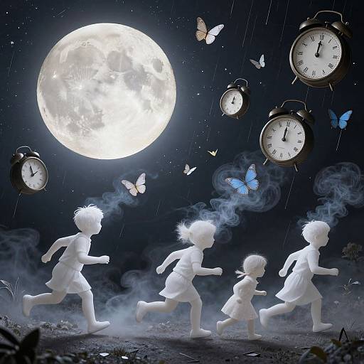 Photograph of four white silhouette children running under a bright full moon, surrounded by floating clocks and butterflies in a rainy night sky.