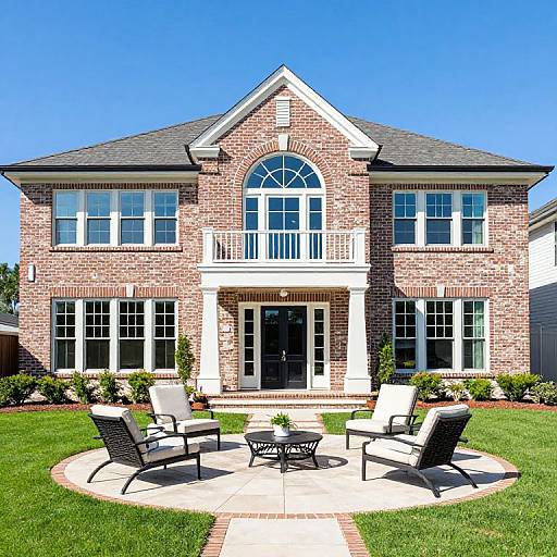Photograph of a two-story brick house with white trim, arched windows, and a front balcony. Front yard features a circular concrete patio with black