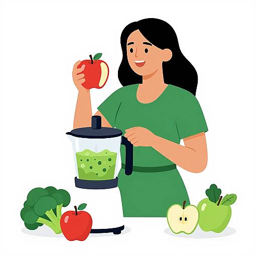 Illustration of a smiling woman with black hair, green shirt, holding a red apple over a blender with green broccoli, and surrounded by apples and a