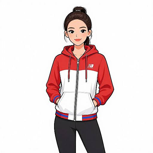 Digital anime-style drawing of a smiling woman with dark hair in a bun, wearing a red and white hooded jacket, black pants, and hands in