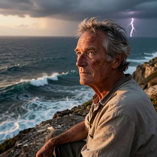 Photograph of an elderly man with gray hair, sitting on a rocky cliff, ocean waves in background, lightning bolt in stormy sky.