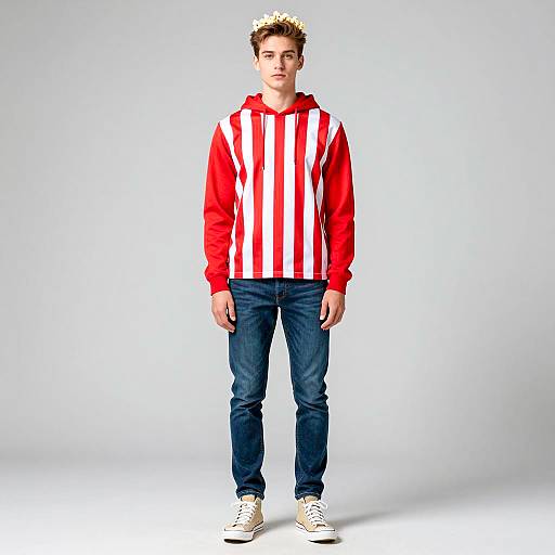 Young Man in Red and White Striped Hoodie with Popcorn Crown