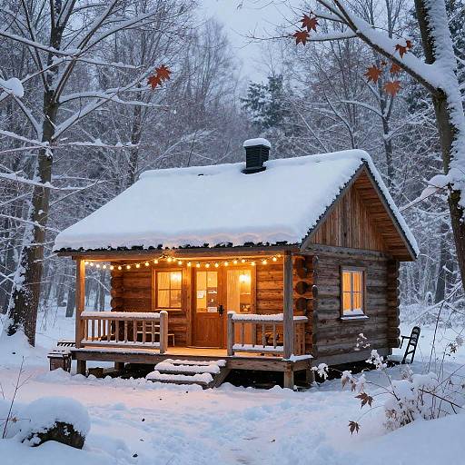 Cozy Snowy Log Cabin at Dawn