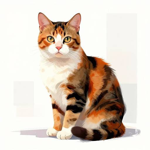 Digital illustration of a calico cat with orange, black, and white fur, sitting against a white background, looking directly at the viewer.