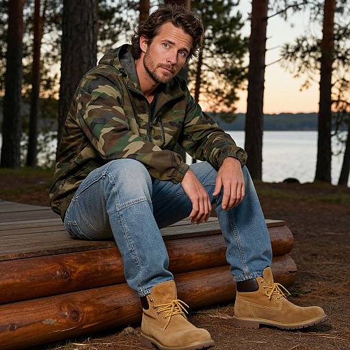 Photograph of a bearded man with wavy brown hair, wearing a camo jacket, blue jeans, and tan boots, sitting on wooden logs