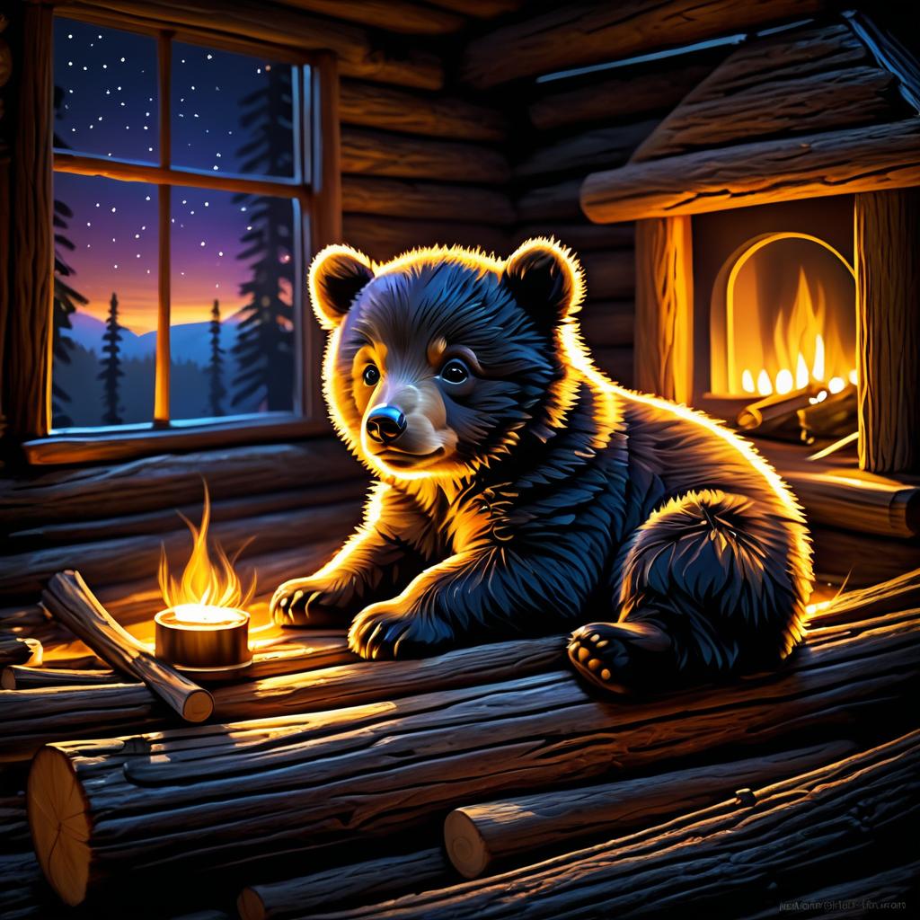 Cozy Bear Cub in a Log Cabin