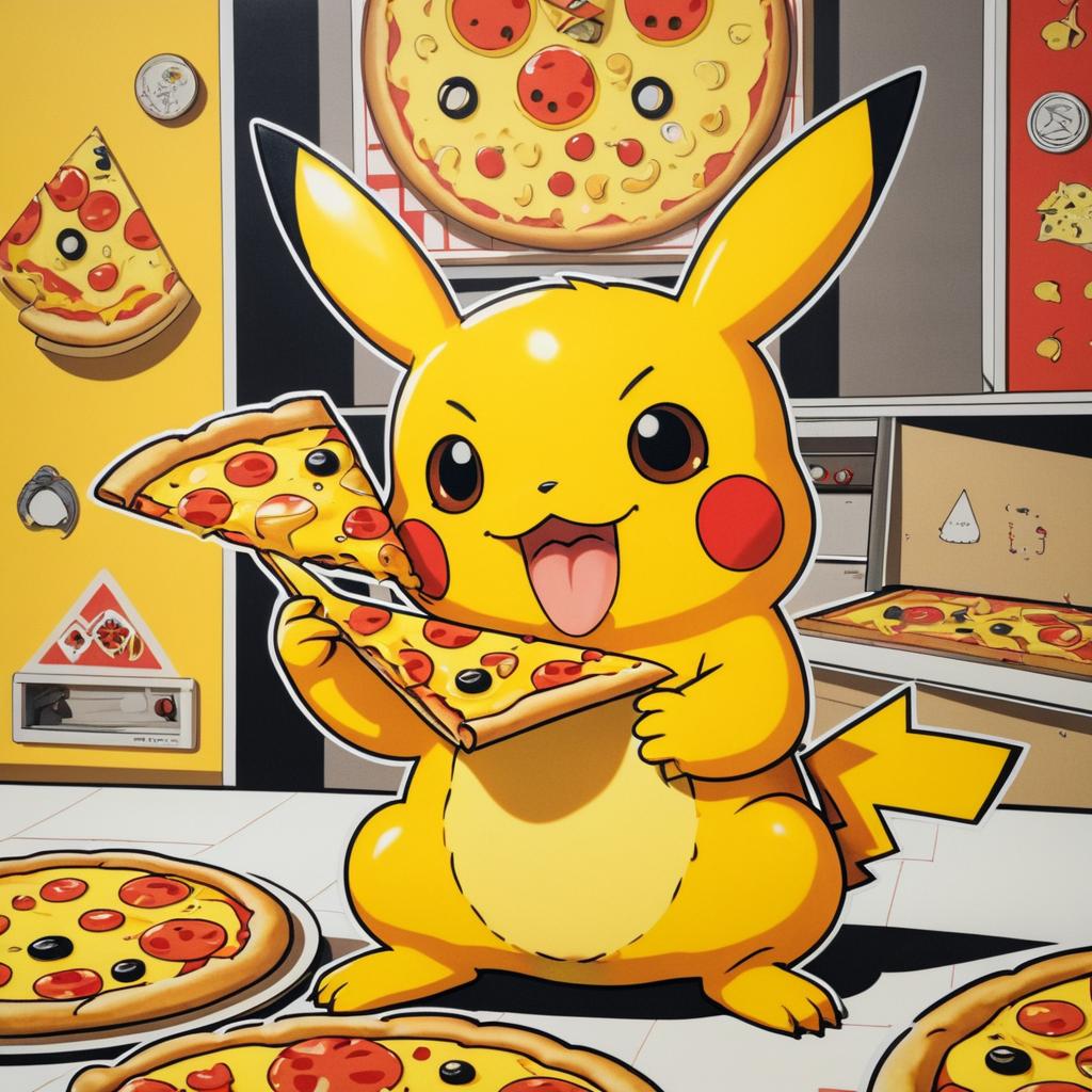 Whimsical Lithograph of Pikachu Enjoying Pizza