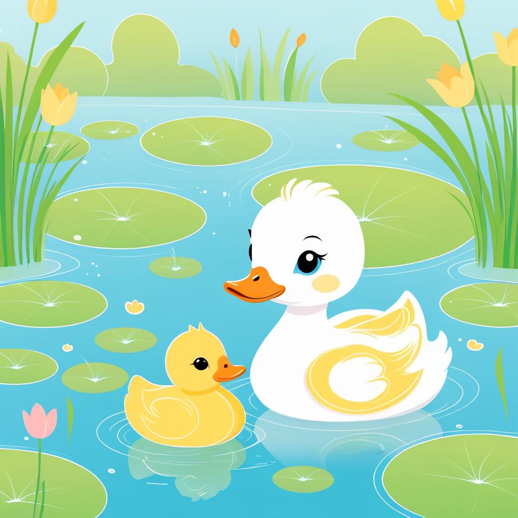 Charming Cartoon Duckling in Whimsical Pond