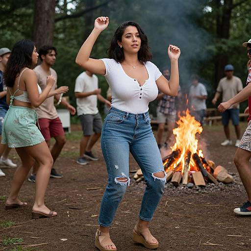 Photograph of a curvy, dark-haired woman in a white top and ripped jeans dancing around a campfire in a forest, surrounded by casually dressed