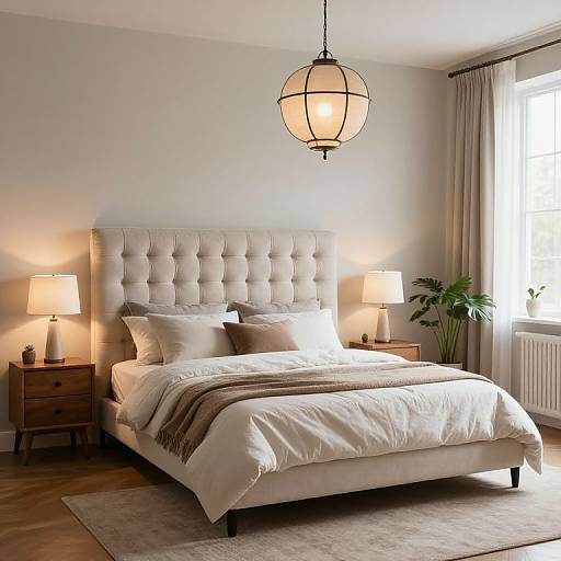 Cozy modern bedroom photograph with tufted beige headboard, white bedding, wooden nightstands, table lamps, pendant light, grey curtains, and