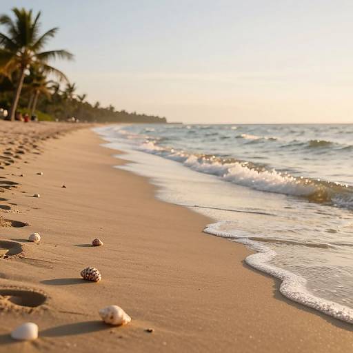 Photograph of a golden sandy beach at sunset, with gentle ocean waves, scattered seashells, palm trees in the background, and a bright,