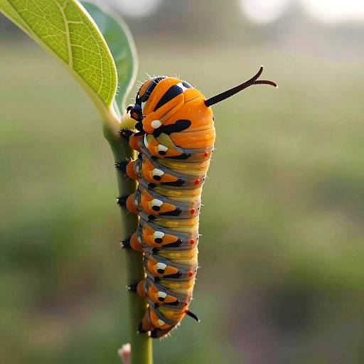 Orange Monarch Caterpillar on Leafy Stem