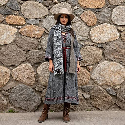 Photograph of an Asian woman with medium skin tone, wearing a beige hat, grey patterned robe, white-and-blue scarf, brown boots, standing