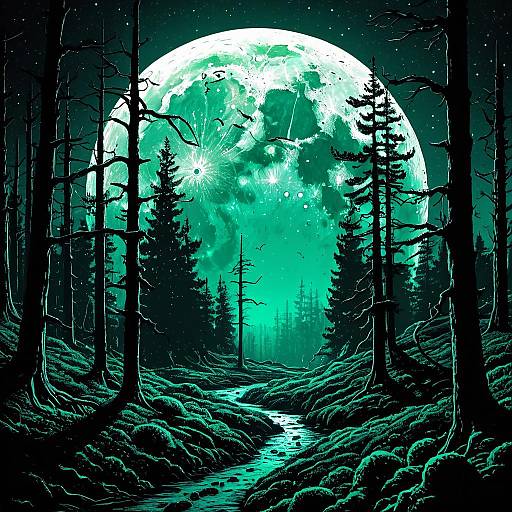 Bioluminescent Forest with Glowing Moon