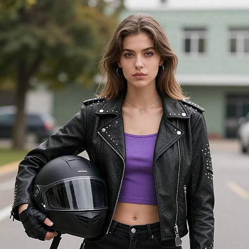 Serious Biker Woman in Urban Portrait