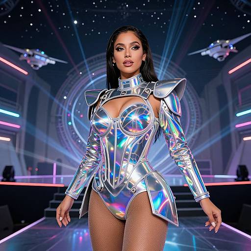 Photorealistic CGI of a confident woman with long black hair wearing a shiny, metallic silver bodysuit with shoulder pads, standing on a neon-l