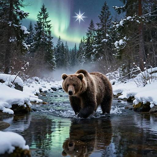 Photograph of a brown bear wading through a snow-covered stream in a forest at night, with a glowing aurora and star above.