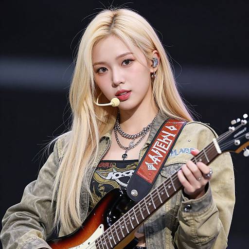 Photograph of a blonde, fair-skinned female singer with straight hair, wearing a camouflage jacket, holding a brown electric guitar, with 