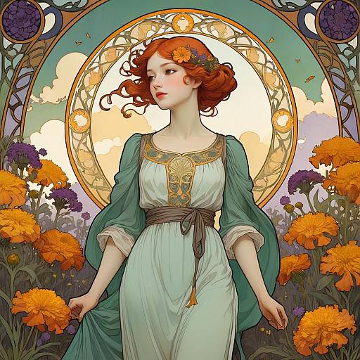 Art Nouveau Woman in Marigold Garden