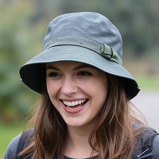 Photograph of a smiling young woman with fair skin, brown hair, and dark eyes, wearing a gray bucket hat and black shirt, in a rain