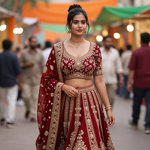 Photograph of a confident Indian woman in a red and gold traditional lehenga-choli with intricate embroidery, standing in a bustling, colorful street market.
