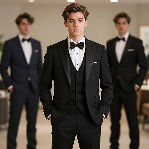 Photograph of a young, white male model with brown hair, wearing a black tuxedo with a bow tie, standing in front of two blurred