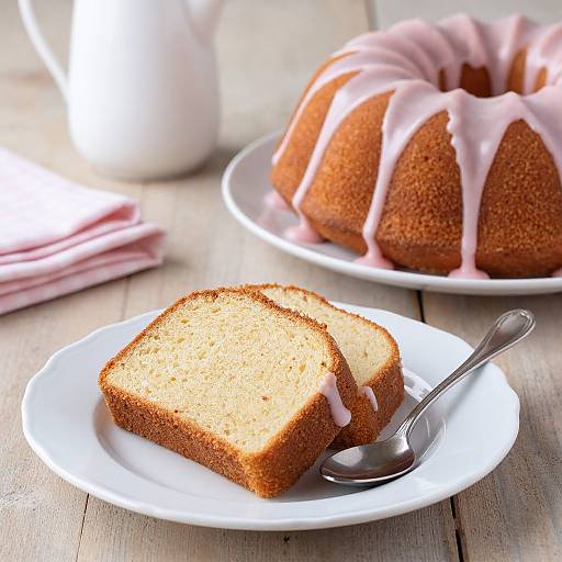 Photograph of a white plate with two slices of pink-glazed cake, a silver spoon, and a larger cake in the background.