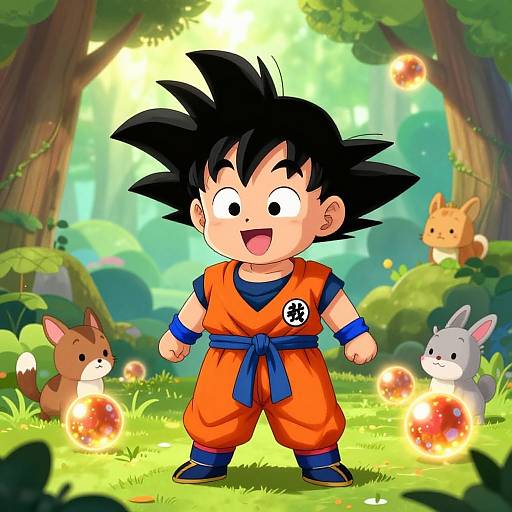 Colorful digital illustration of Super Saiyan Goku, smiling in a forest, surrounded by glowing orbs and cute animals: squirrel, bunny, and chipm