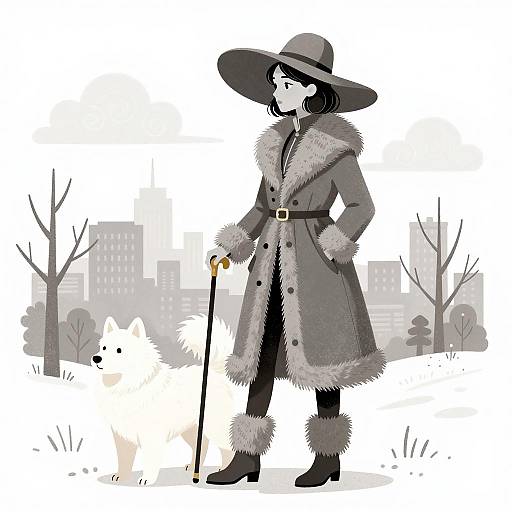 Stylish Woman with Dog in Winter Cityscape