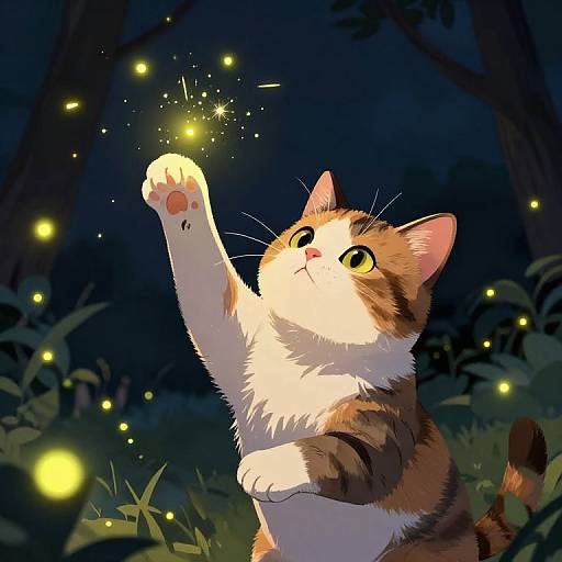 Digital illustration of a curious orange-and-white cat with wide yellow eyes reaching up to touch a glowing firefly in a dark, enchanted forest.