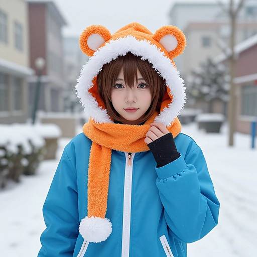 Photograph of a young Asian girl in a blue winter jacket and orange bear-eared hood, holding an orange scarf, standing in a snowy urban background