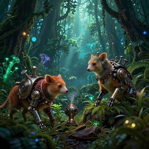 Digital fantasy artwork of two cybernetic fox kits with metallic armor in a mystical, glowing forest with luminescent plants and fungi.