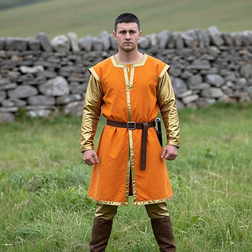 Photograph of a young man with short black hair, wearing an orange and gold medieval-style tunic, brown pants, and belt, standing in a