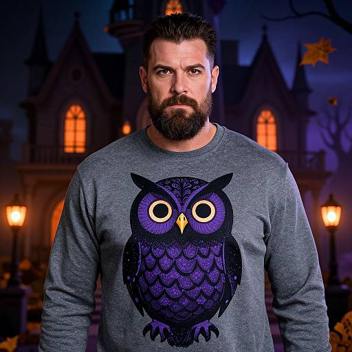 Photograph of a bearded, dark-haired man in a gray sweatshirt with a large, detailed purple owl graphic, standing in front of a dim