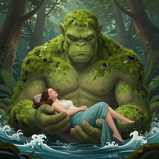 Digital illustration of a giant, muscular green orc with moss-covered skin gently holding a sleeping, fair-skinned woman with brown hair in a white top and