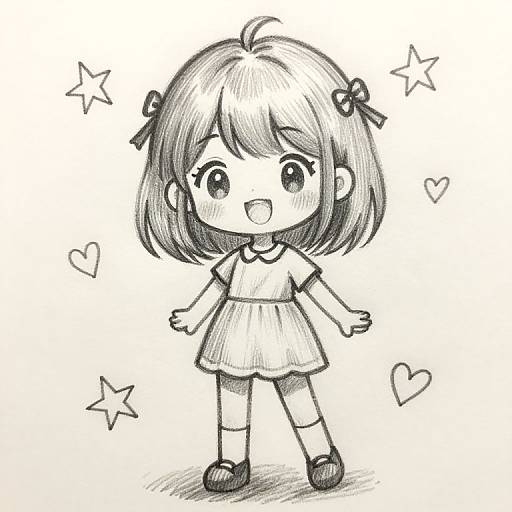 Chibi-style black-and-white drawing of a cute girl with short hair, bow-tied pigtails, simple dress, and shoes, surrounded by