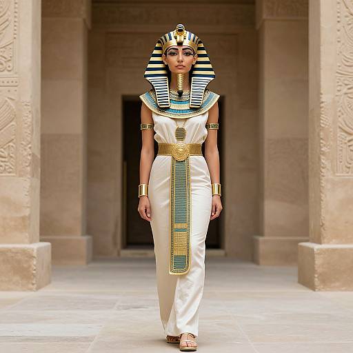 Photograph of a woman in an Egyptian pharaoh costume, wearing a striped nemes headdress, white dress, gold belt, and jewelry, standing