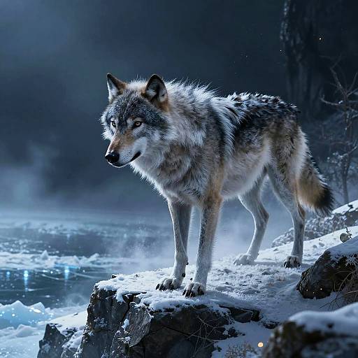 Silver Direwolf on Snowy Cliffs