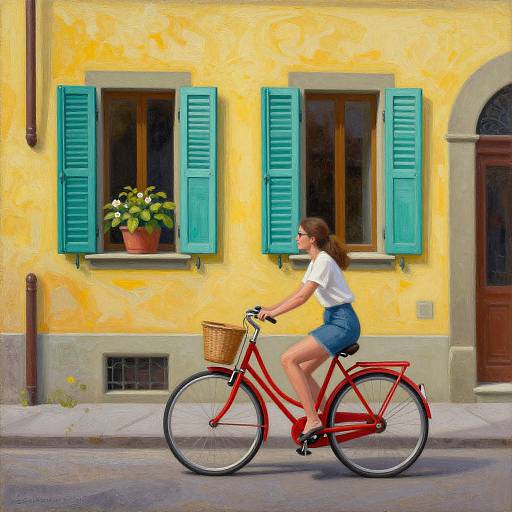 Photograph of a woman with brown hair in a white shirt and blue shorts riding a red bicycle past a yellow building with turquoise shutters and a p