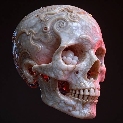 Digital CGI of a glossy, white marbled skull with swirling patterns, red highlights, and glowing red eyes, set against a black background.