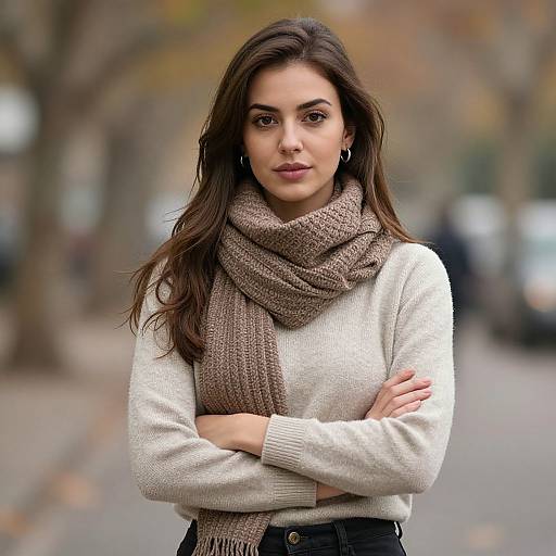 Photograph of a young woman with long brown hair, white sweater, and brown scarf, standing confidently with arms crossed on a blurred autumn street.