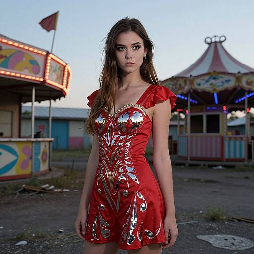 Photograph of a young woman with long brown hair, wearing a red, metallic-embellished dress, standing in front of a colorful, dusk