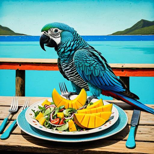 Whimsical Blue Parrot with Mango Salad on Pier